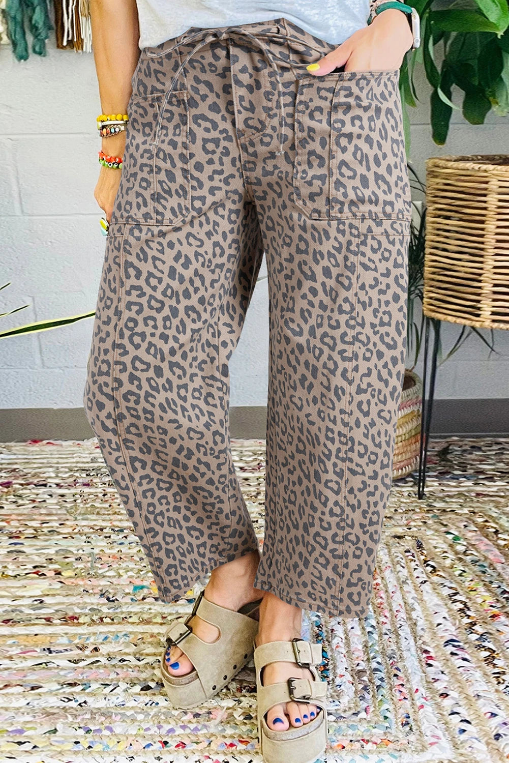 Leopard Drawstring Waist Pocketed Wide Leg Jeans