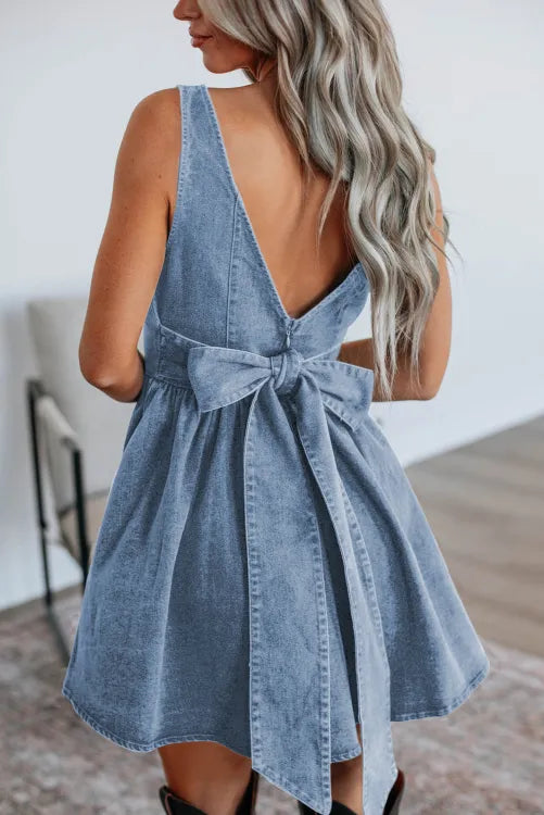 Square Neck Bowknot A-line Sleeveless Denim Dress