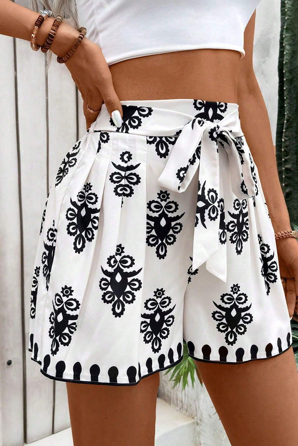 Tribal Geometric Print Belted High Waist Casual Shorts
