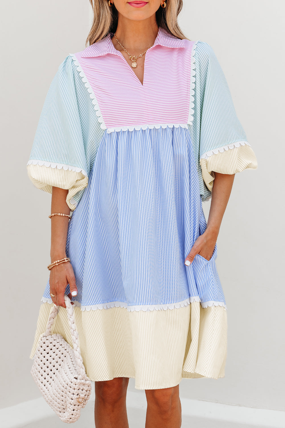 Striped Patchwork Ric Rac Puff Sleeve Collared Mini Dress