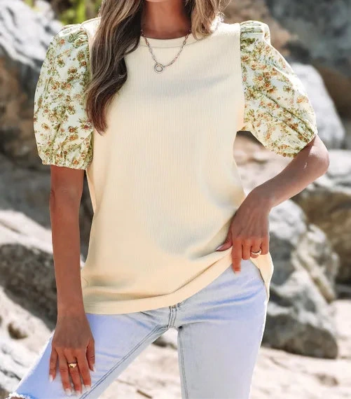 Beige Contrast Floral Bubble Sleeve Patchwork Ribbed Top