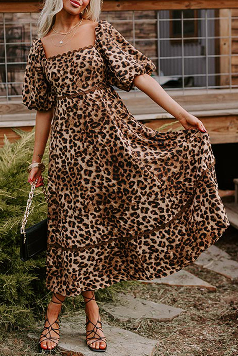 Leopard Bubble Sleeve Maxi Dress