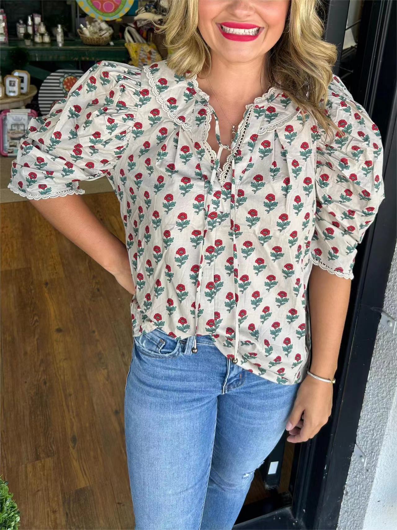 Lace-up Printed Blouse