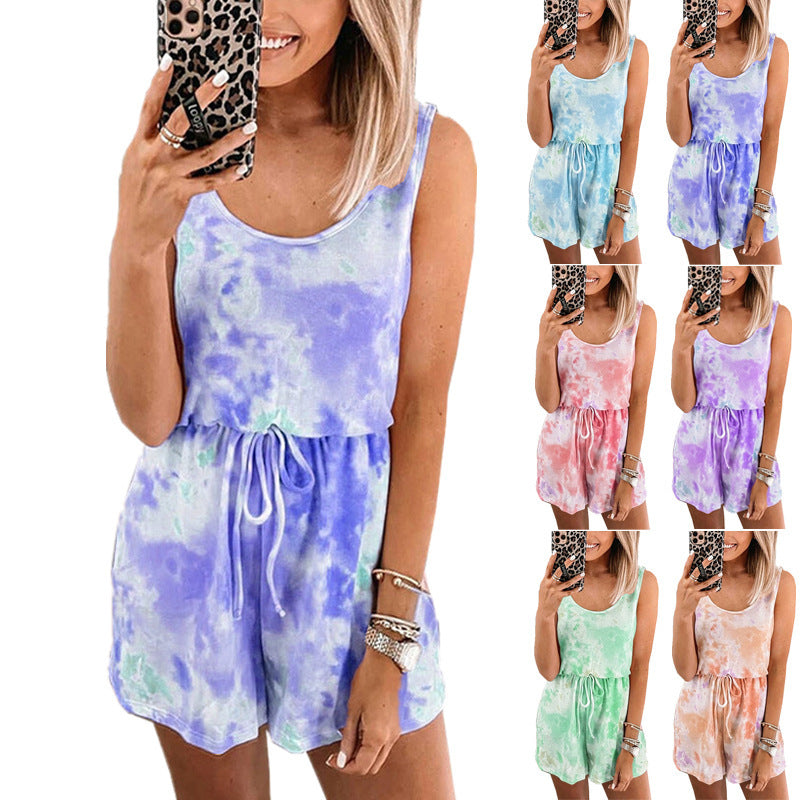 Tie Dye Casual Vest Top Jumpsuit Shorts
