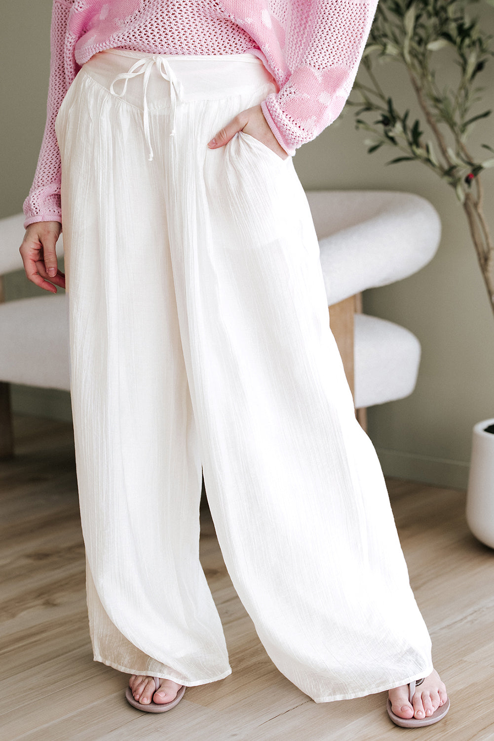 Solid Drop Waist Pleated Wide Leg Casual Pants