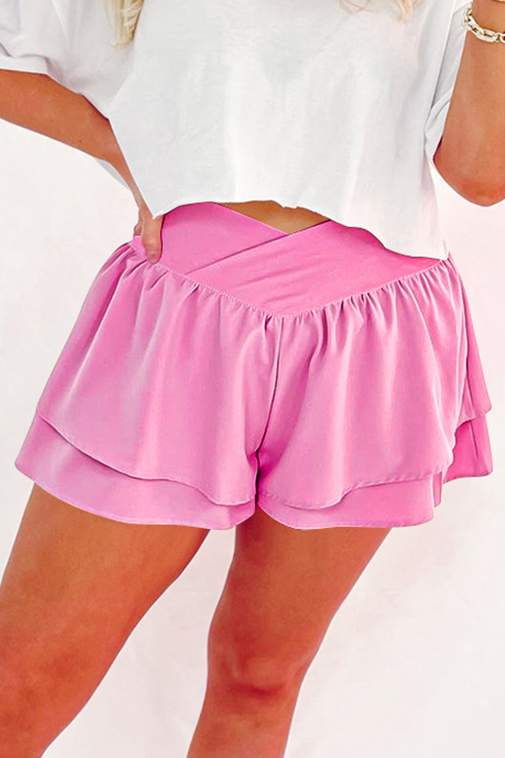 Crossed Waist Tiered Flowy Shorts