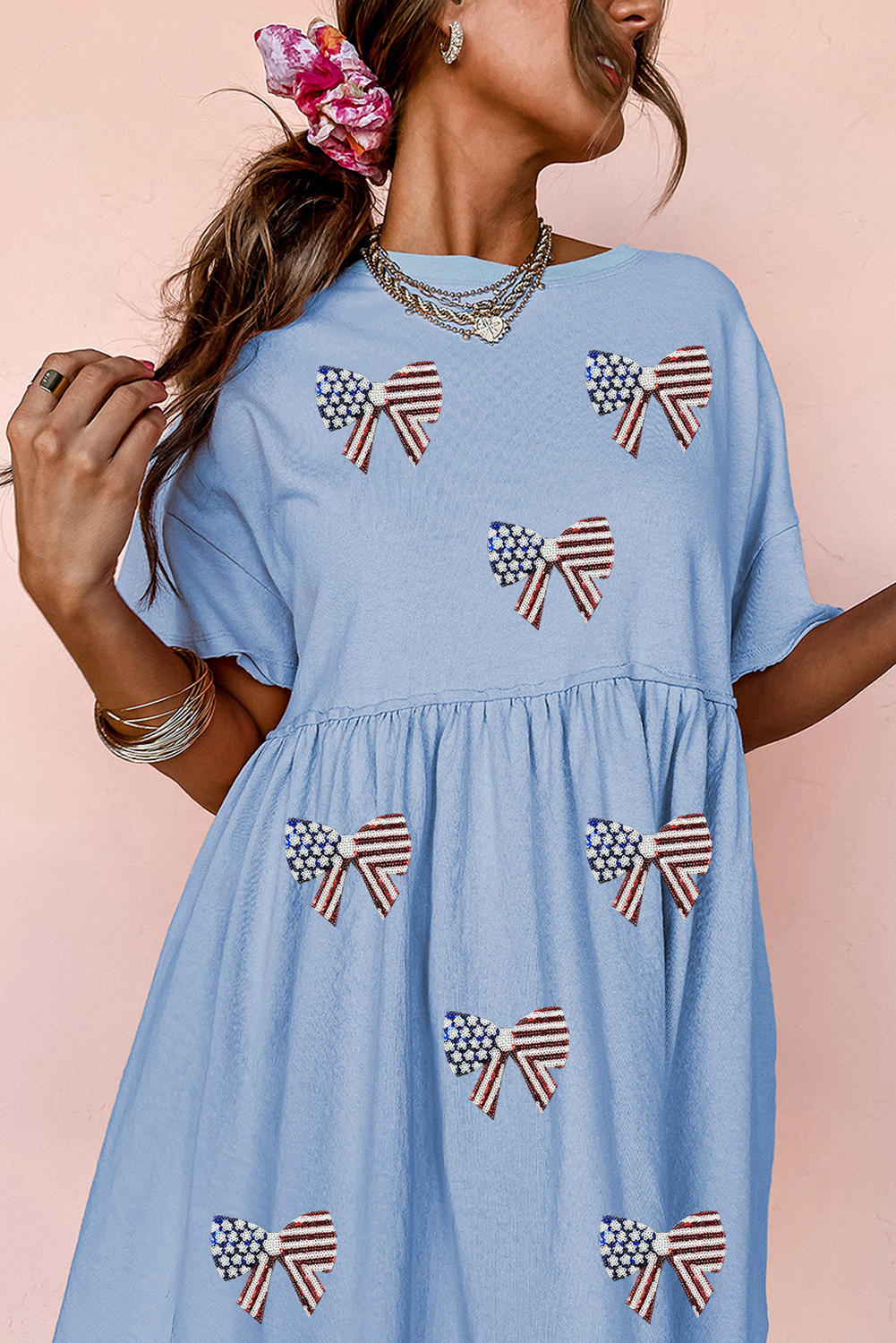 Star and Stripes Sequin Bow Patched T Shirt Babydoll Dress