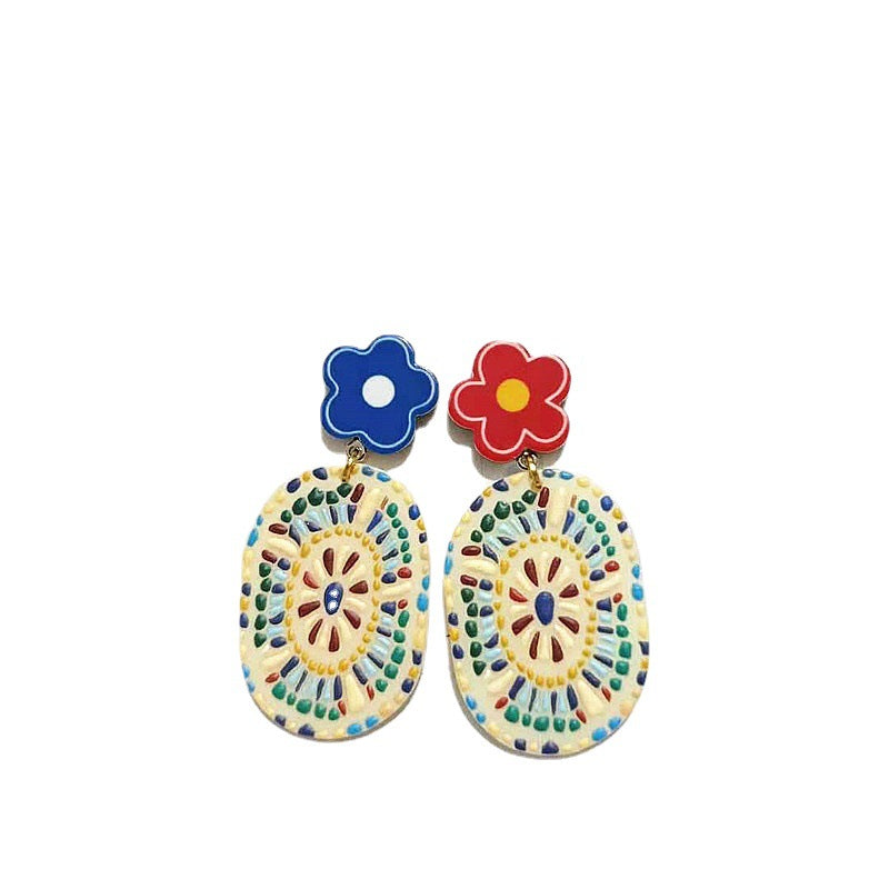 Green Flower Retro Ethnic Totem Small Fresh Cartoon Earrings