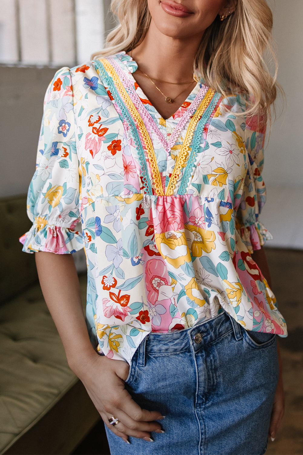 Boho Flower Print Half Puff Sleeve Blouse