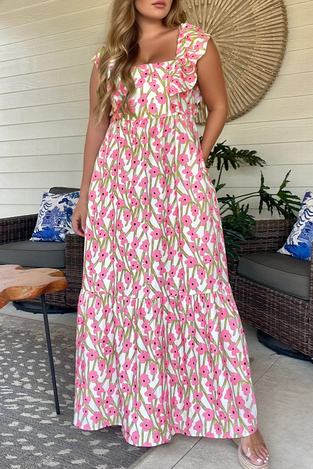 Plus Size Ruffle Trim Square Neck High Waist Floral Maxi Dress