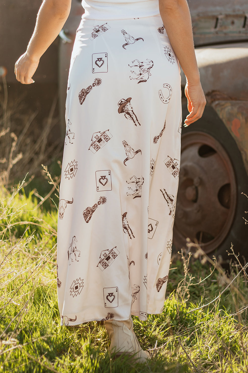 Western Print Satin Long Skirt