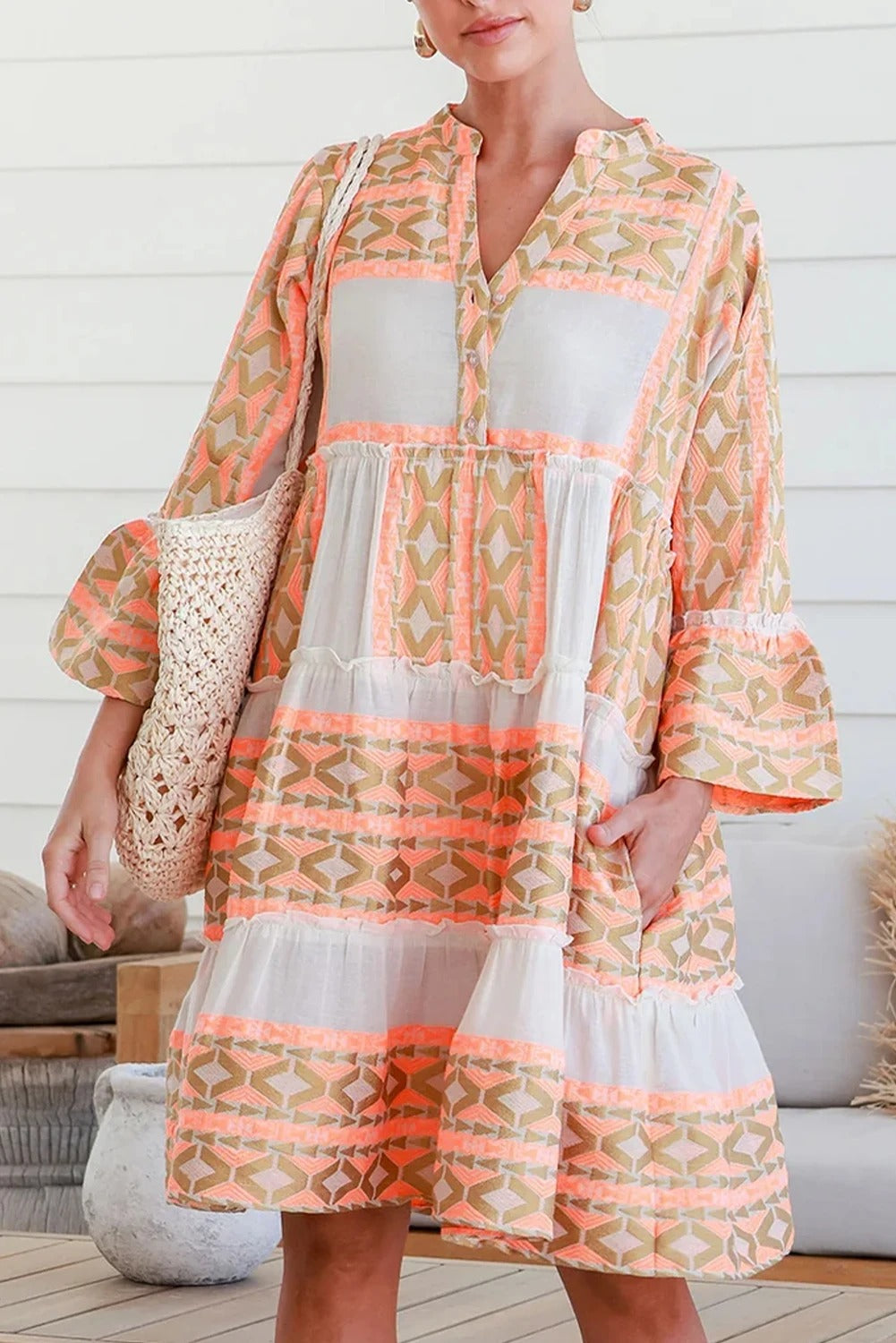 Boho Geometric V-Neck Frill Tiered Dress