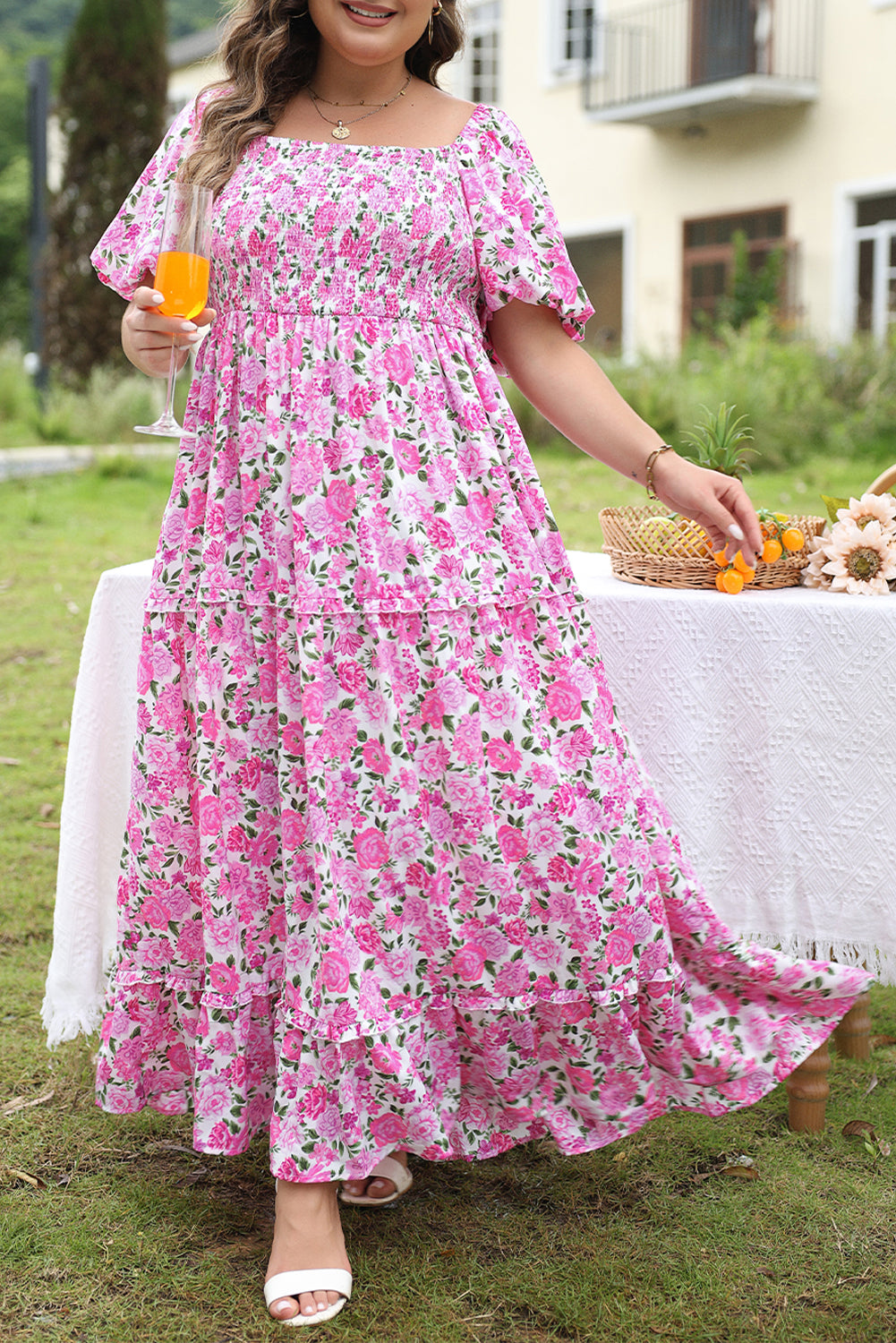 Plus Size Floral Print Smocked Puff Sleeve Dress