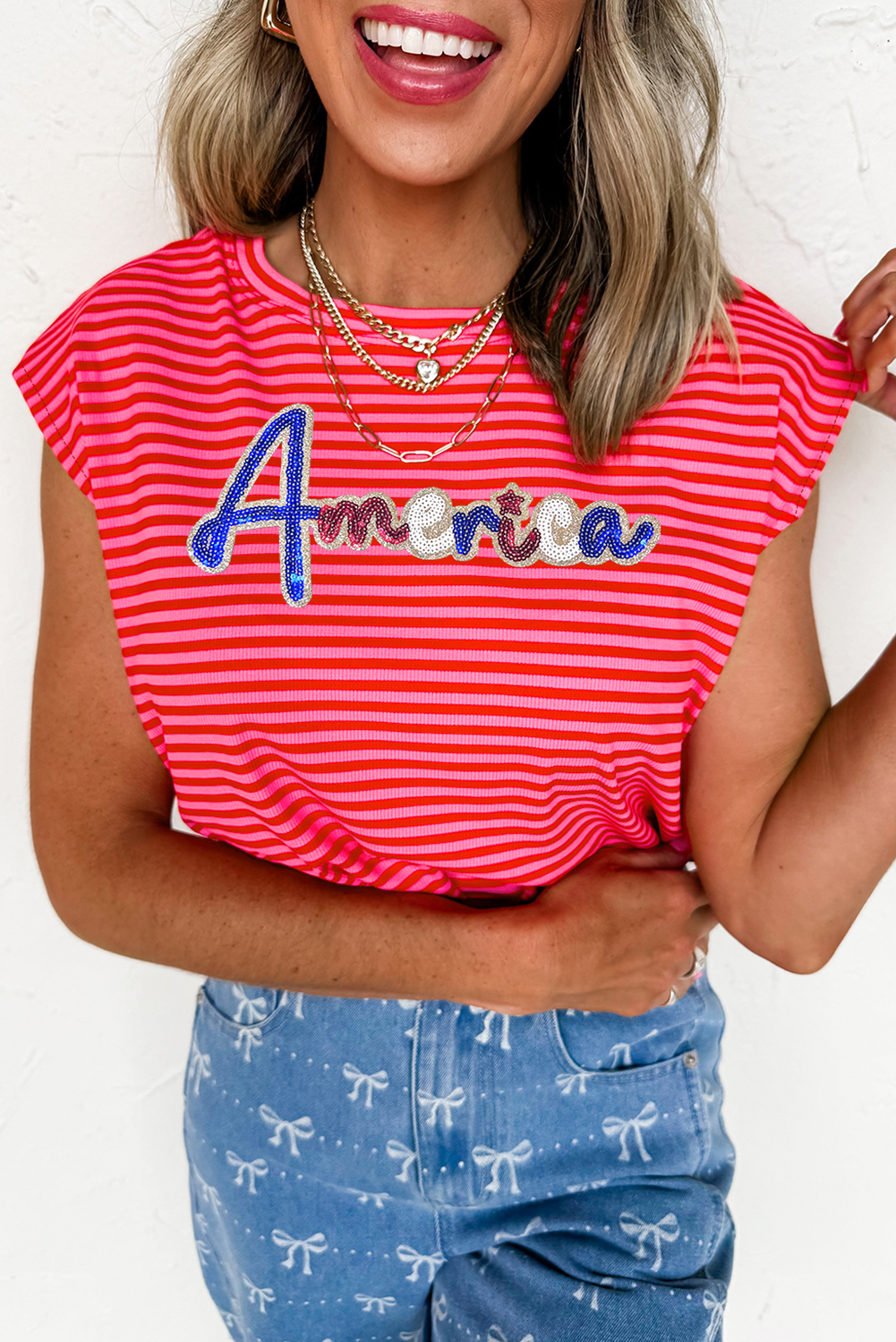 Sequin America Letter Patched Cap Sleeve Top