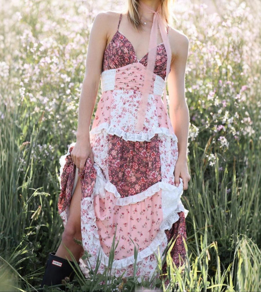 Sleeveless Camisole Printed Long Skirt Patchwork Skirt