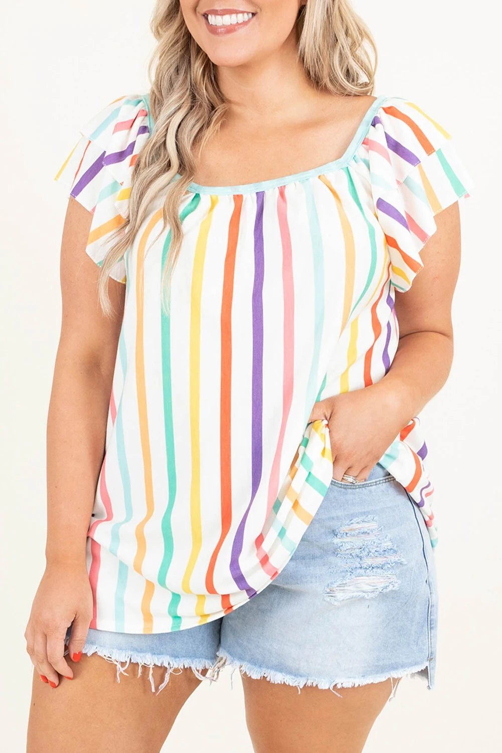 Plus Size Stripe Ruffled Sleeve Blouse