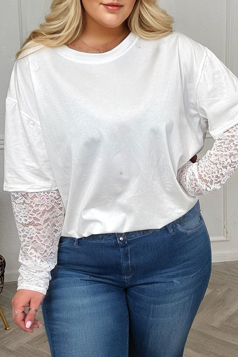 Lace Patchwork Long Sleeve Crew Neck Plus Size Top