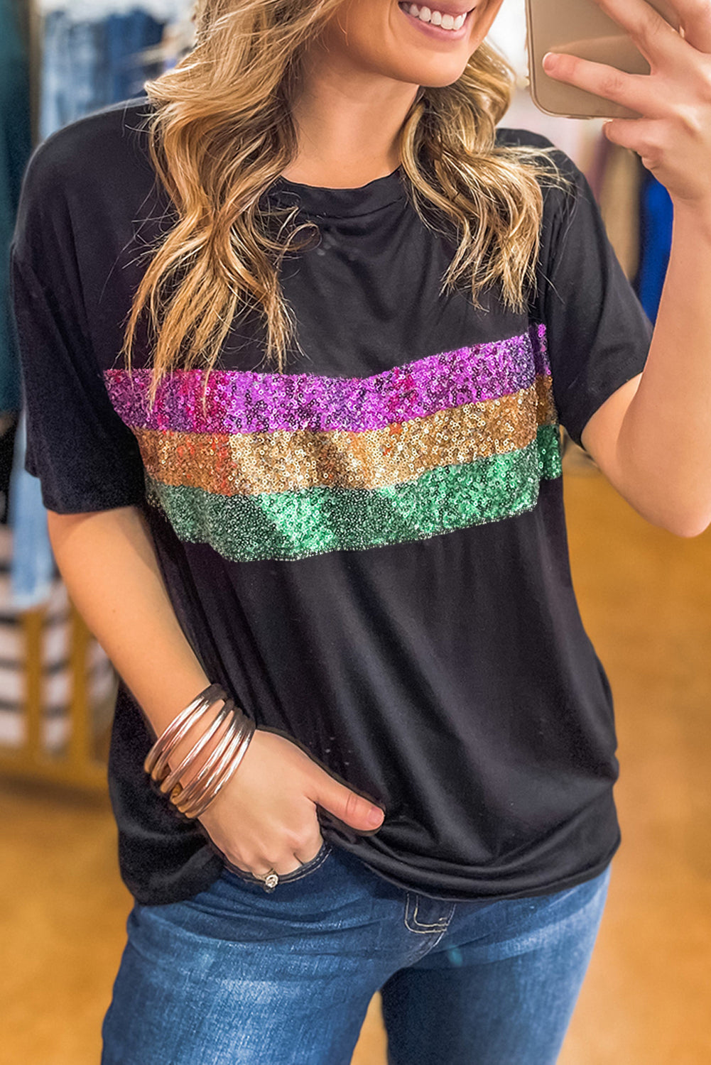 Mardi Gras Sequin Stripes Patchwork T Shirt