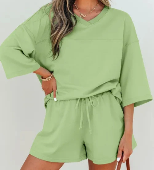Meadow Mist Green Solid Loose V Neck Half Sleeve Tee and Shorts