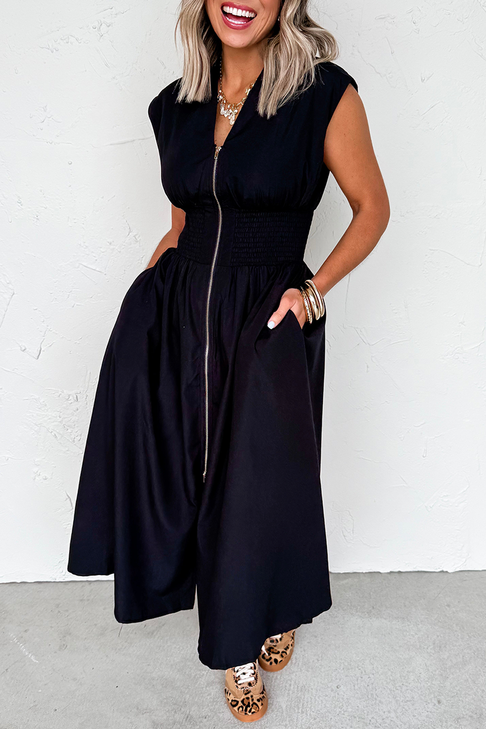 Sleeveless Zipped Front V Neck Shirred Waist Maxi Dress