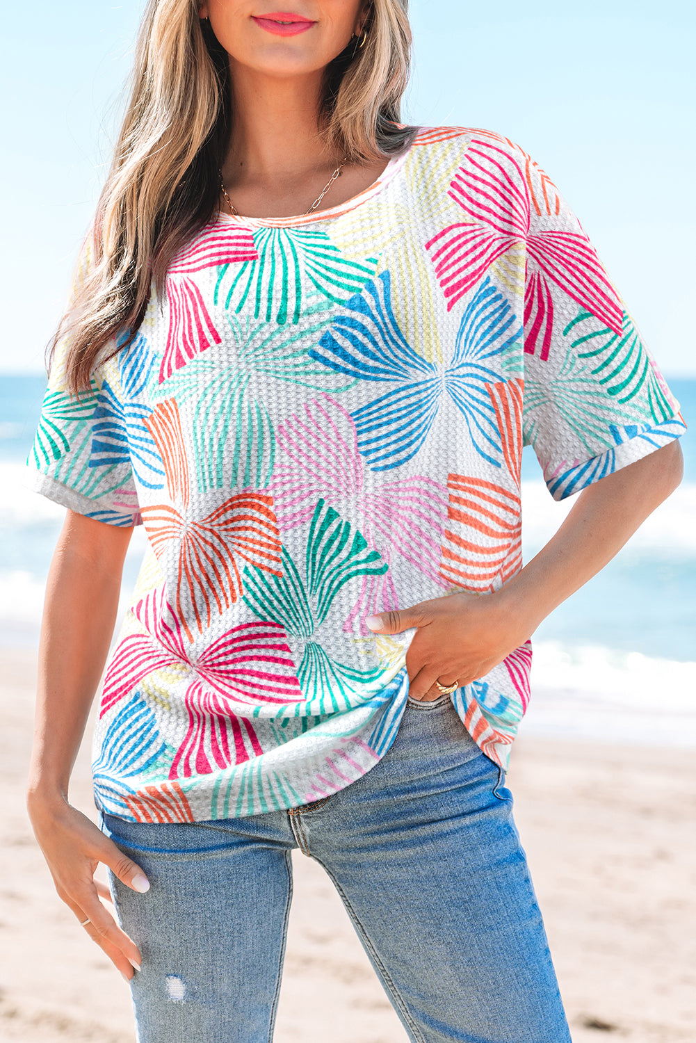 Printed Waffle Crewneck Loose Short Sleeve Top