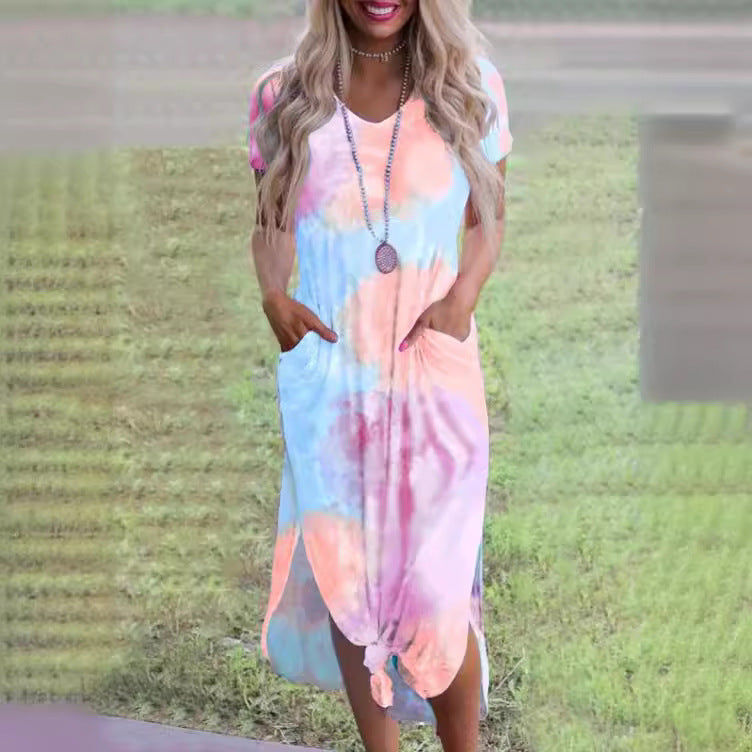 V-neck Short Sleeve Pocket Dress