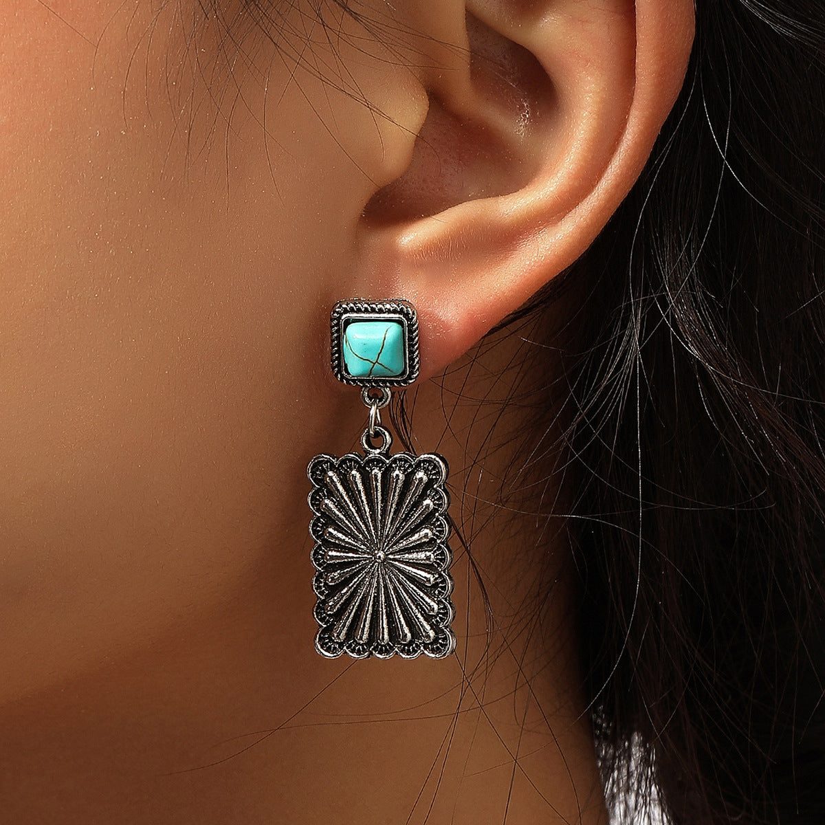 Retro Geometric Turquoise Stud Earrings