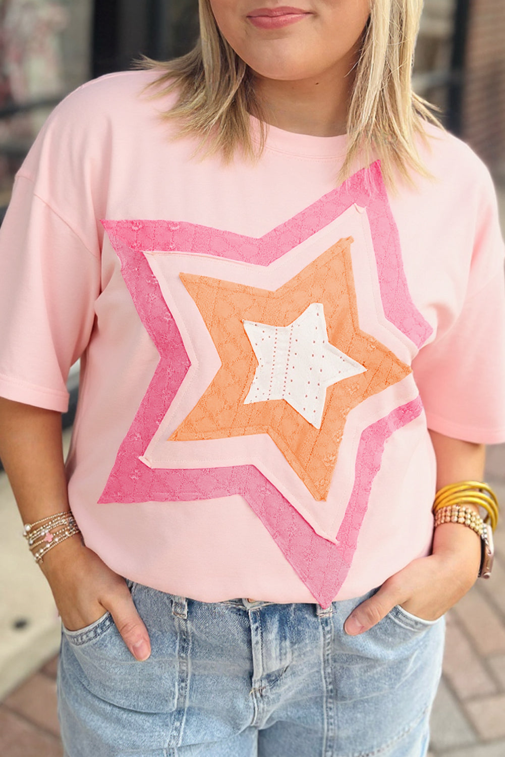 Light Pink Eyelet Lace Star Applique Plus Size T Shirt