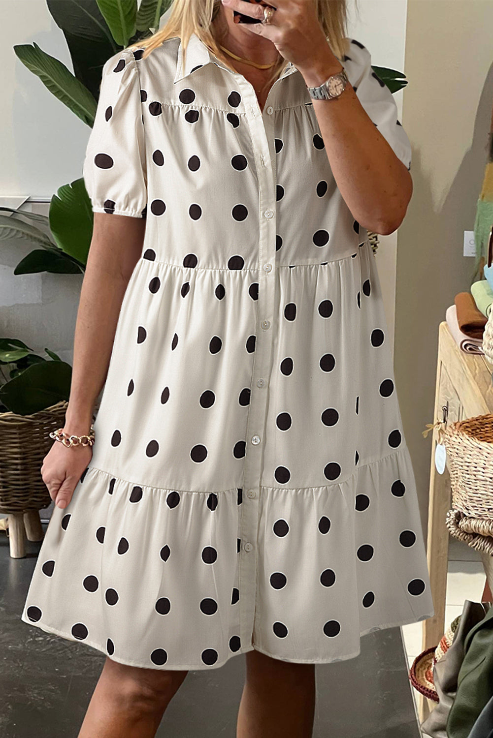 Dot Collar Buttoned Tiered Babydoll Dress
