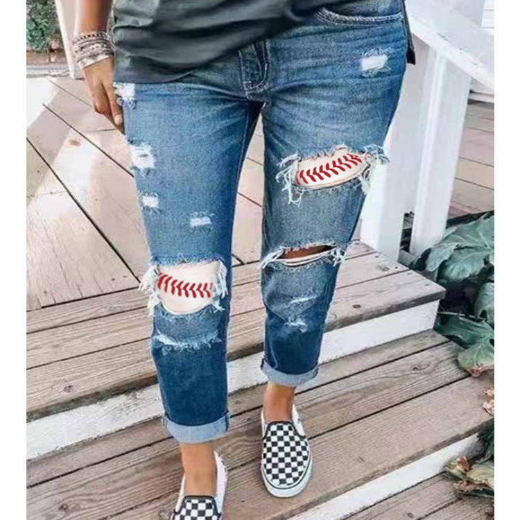 Women Ripped Print Jeans