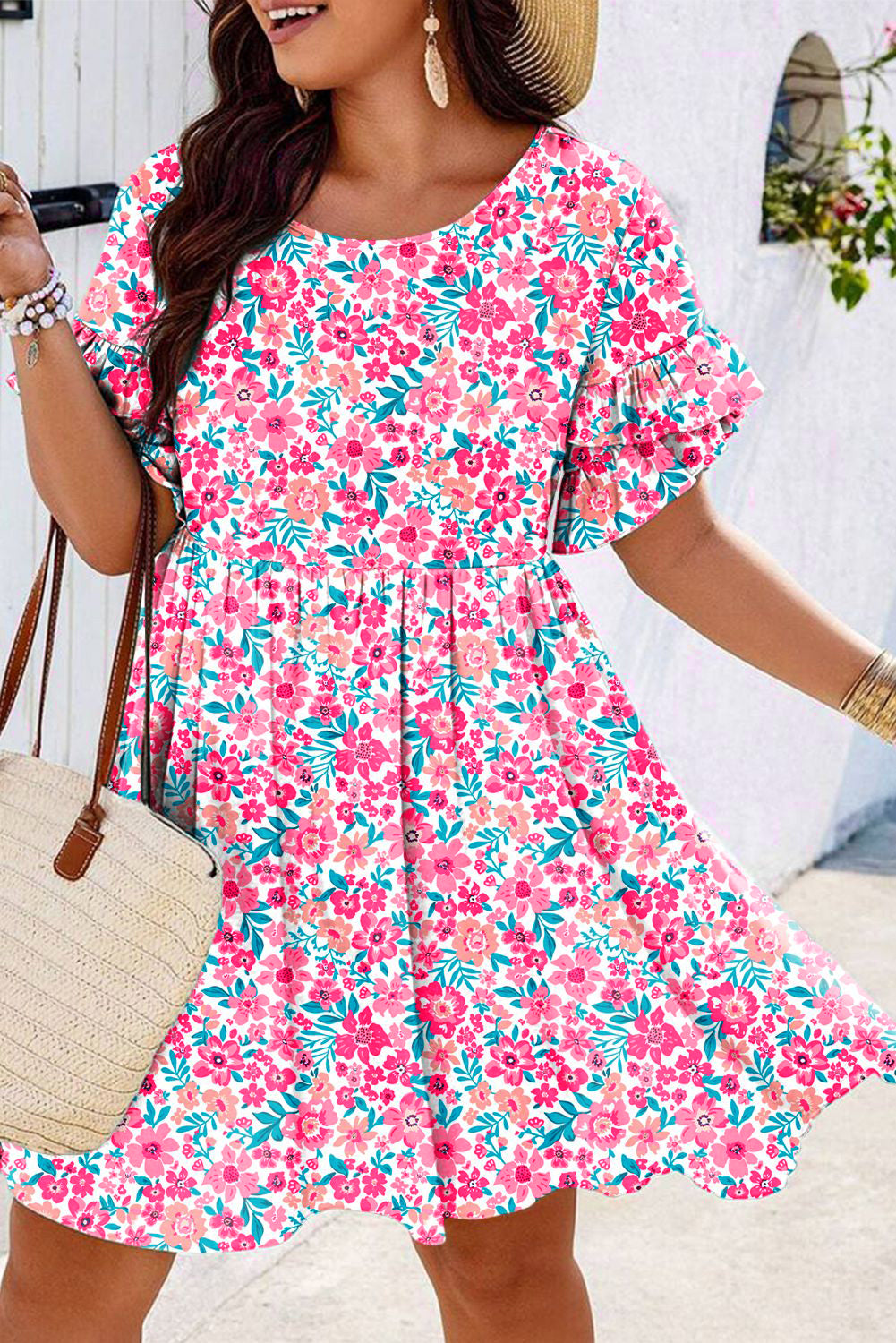 Plus Size Floral Print Frilled Short Sleeve Flare Dress