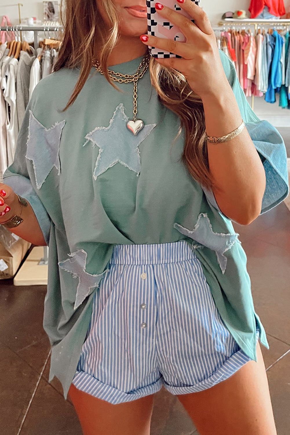 Frayed Denim Star Patched T Shirt