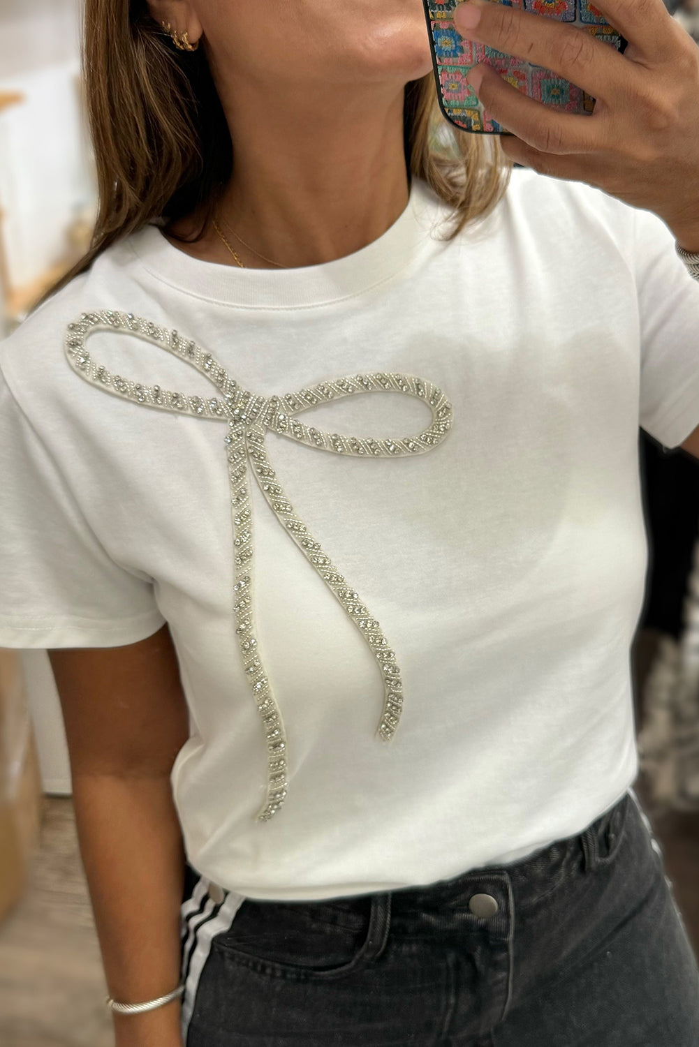 Rhinestone Bow Embellished Tee
