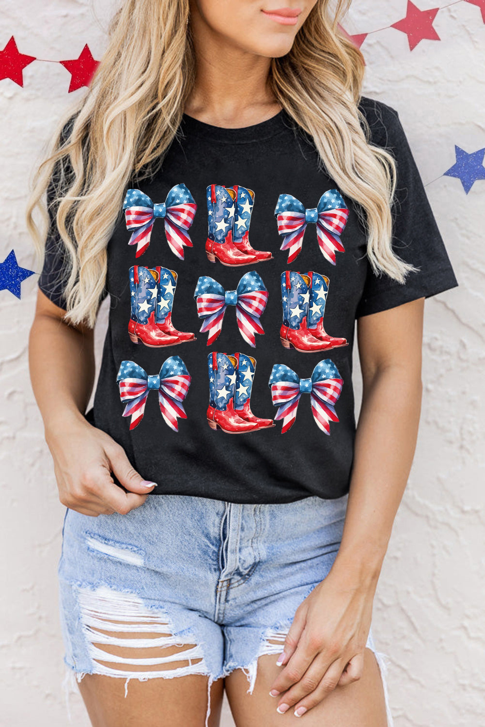 Black Stars and Stripes Bowknot Cowgirl Boots Graphic Patriotic Tee
