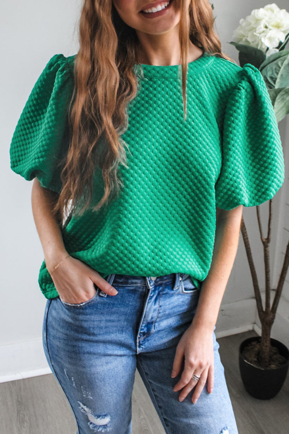 Textured O Neck Puff Sleeve Blouse