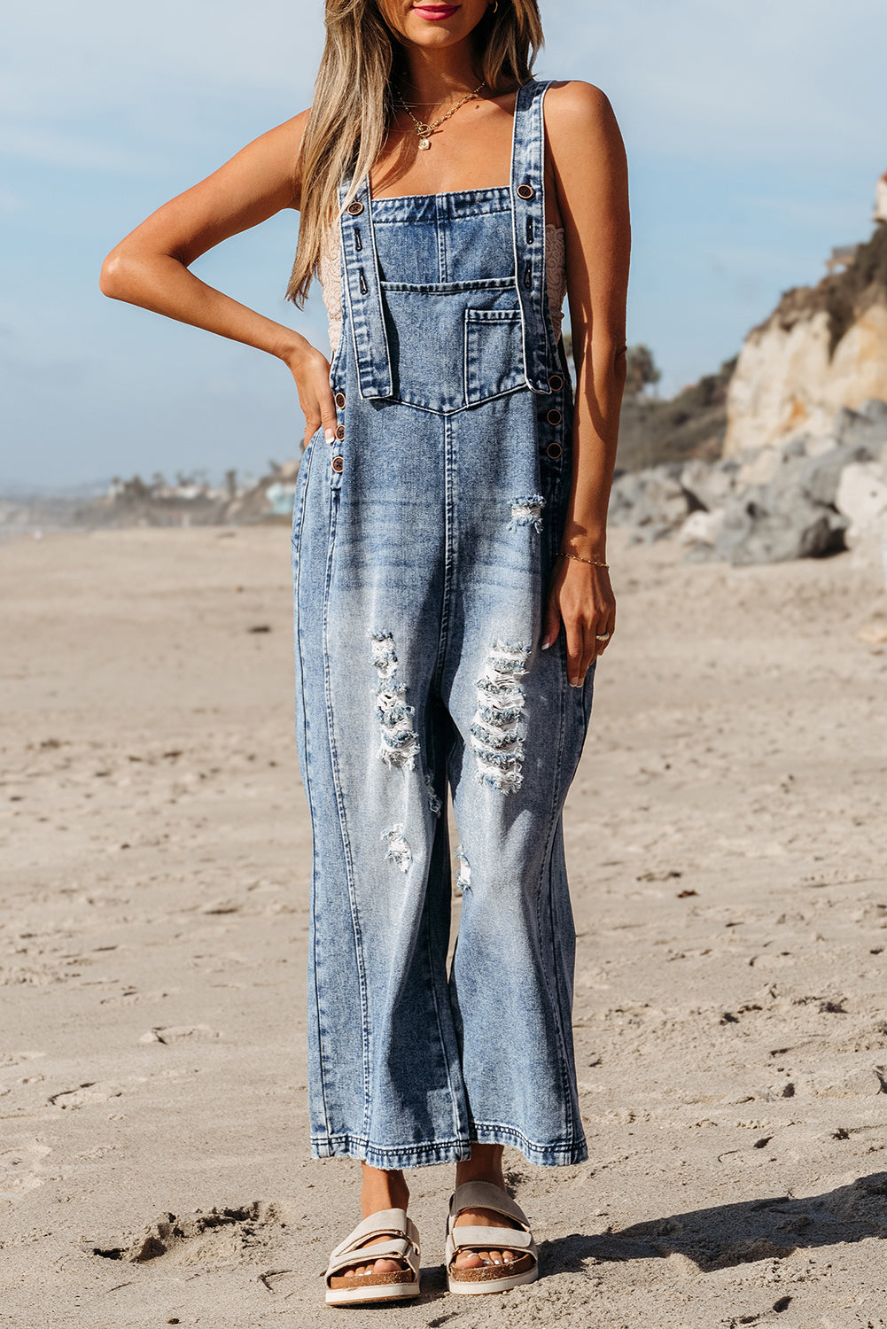 Distressed Pocket Wide Leg Denim Overall