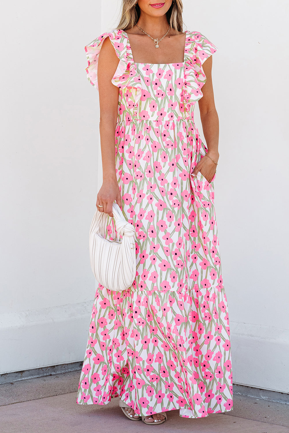 Floral Print Square Neck Ruffled Strap Maxi Dress