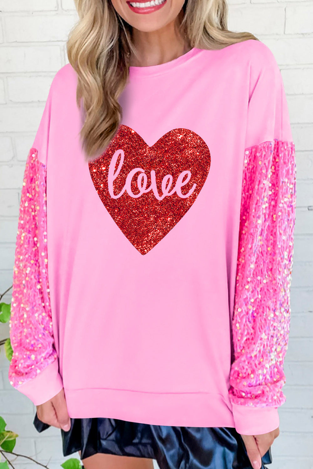 Heart Shape love Print Sequined Sleeve Top