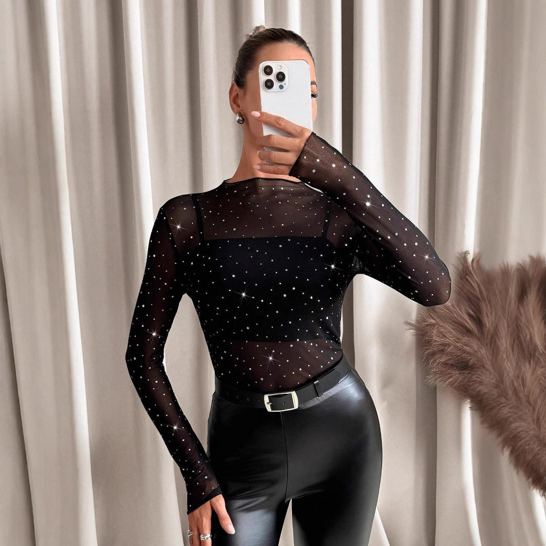 Rhinestone Mesh Slim Fit Top
