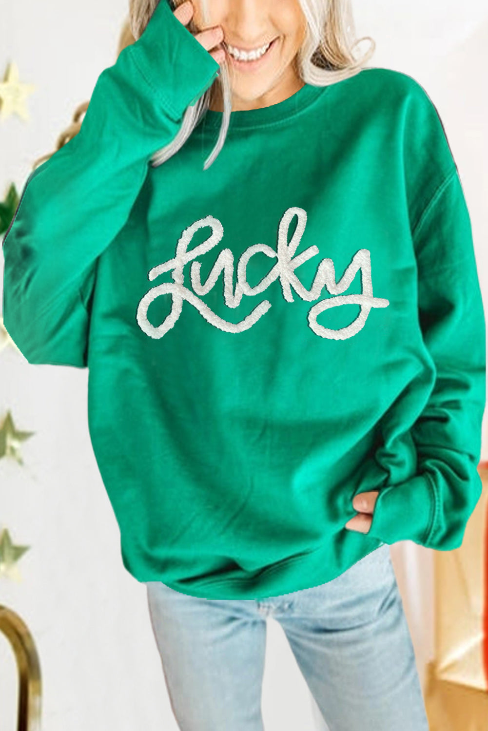 LUCKY Aphabet Chenille Embroidered Sweatshirt