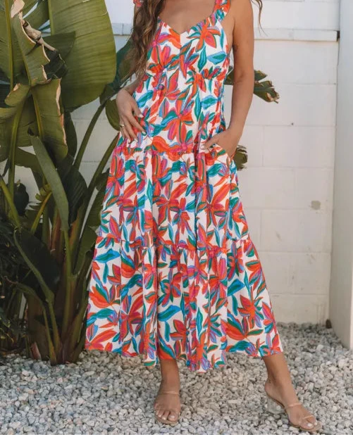 Red Boho Floral Ruffled Strap V Neck Maxi Dress