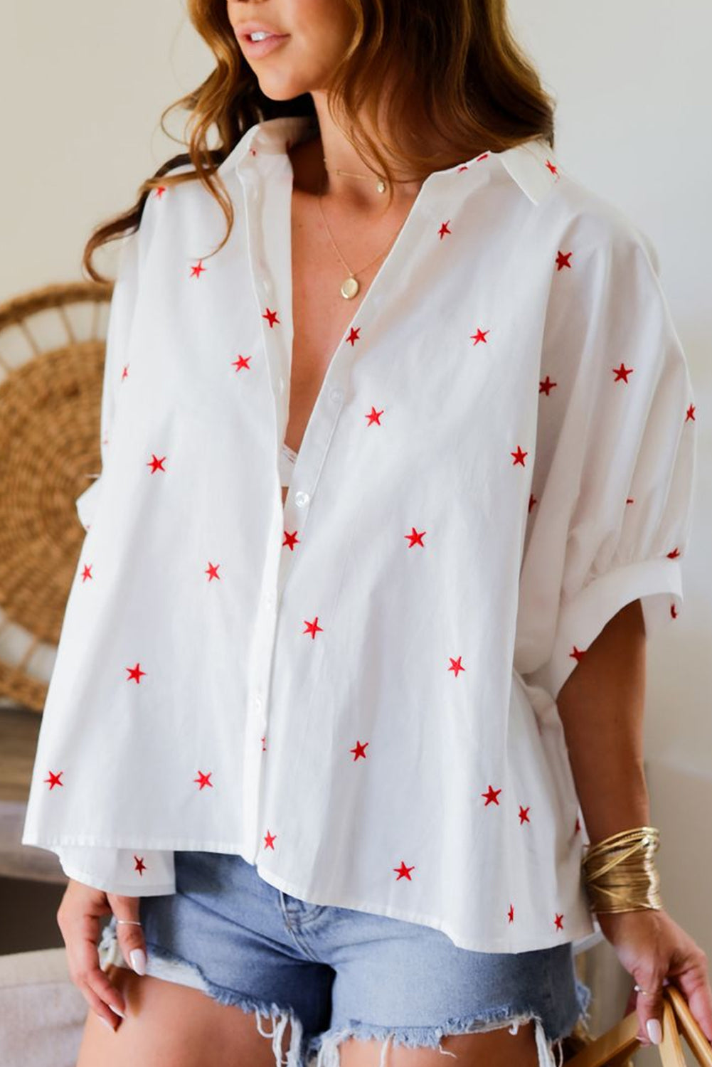 Little Stars Printed Loose Half Sleeve Loose Shirt