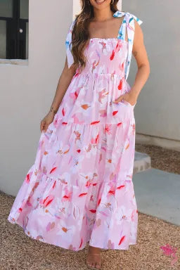 Floral Print Knotted Shoulder Smocked Maxi Dress