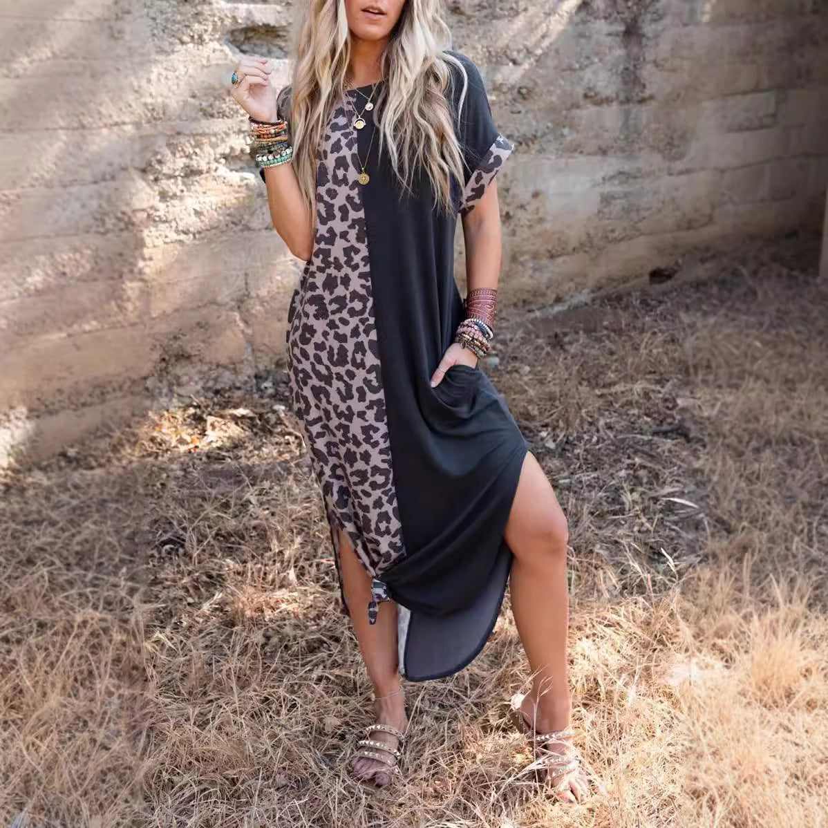 Women Round Neck Hip Skirt Long Skirt Dress