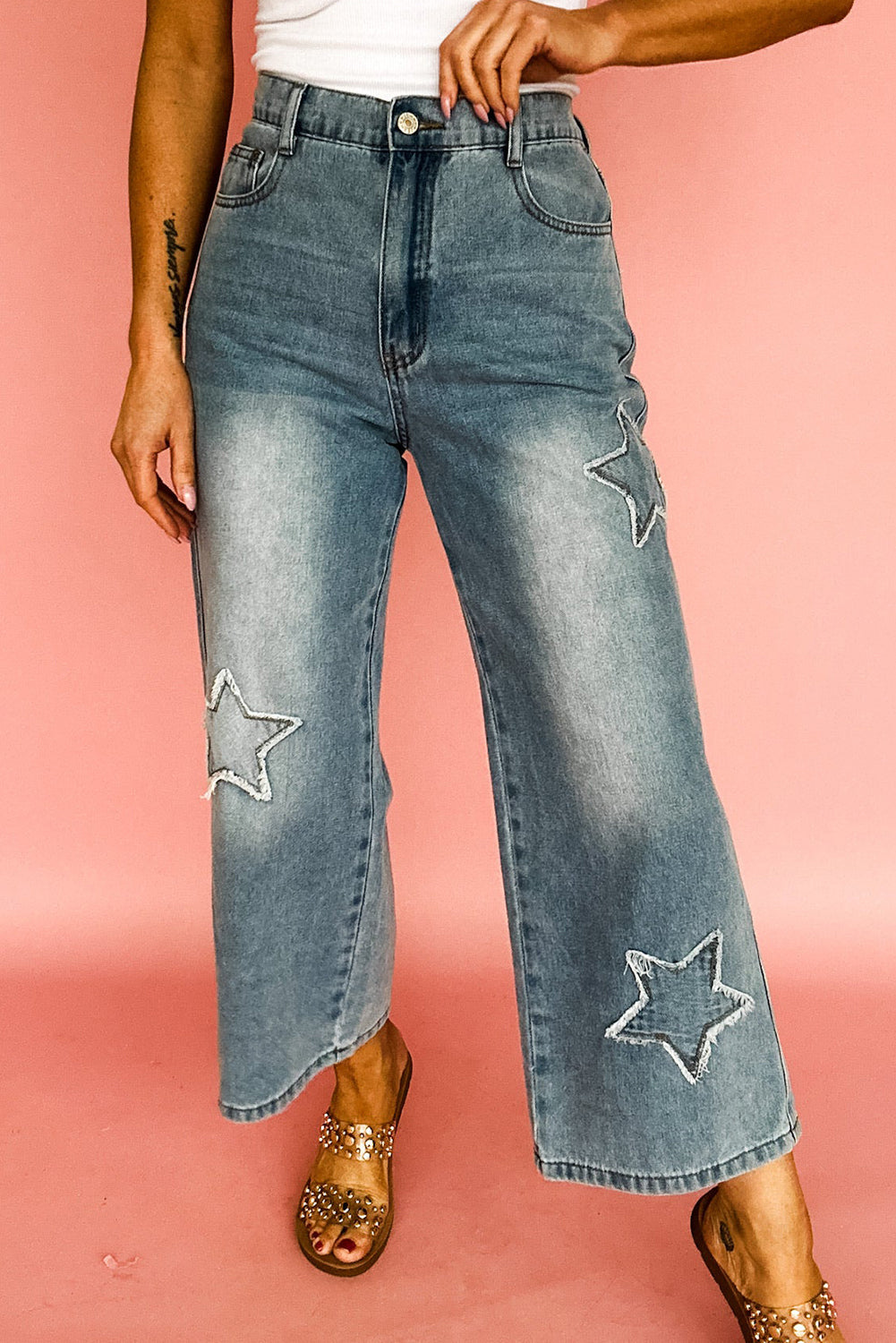 Star Patchwork Cropped Wide Leg High Waist Jeans
