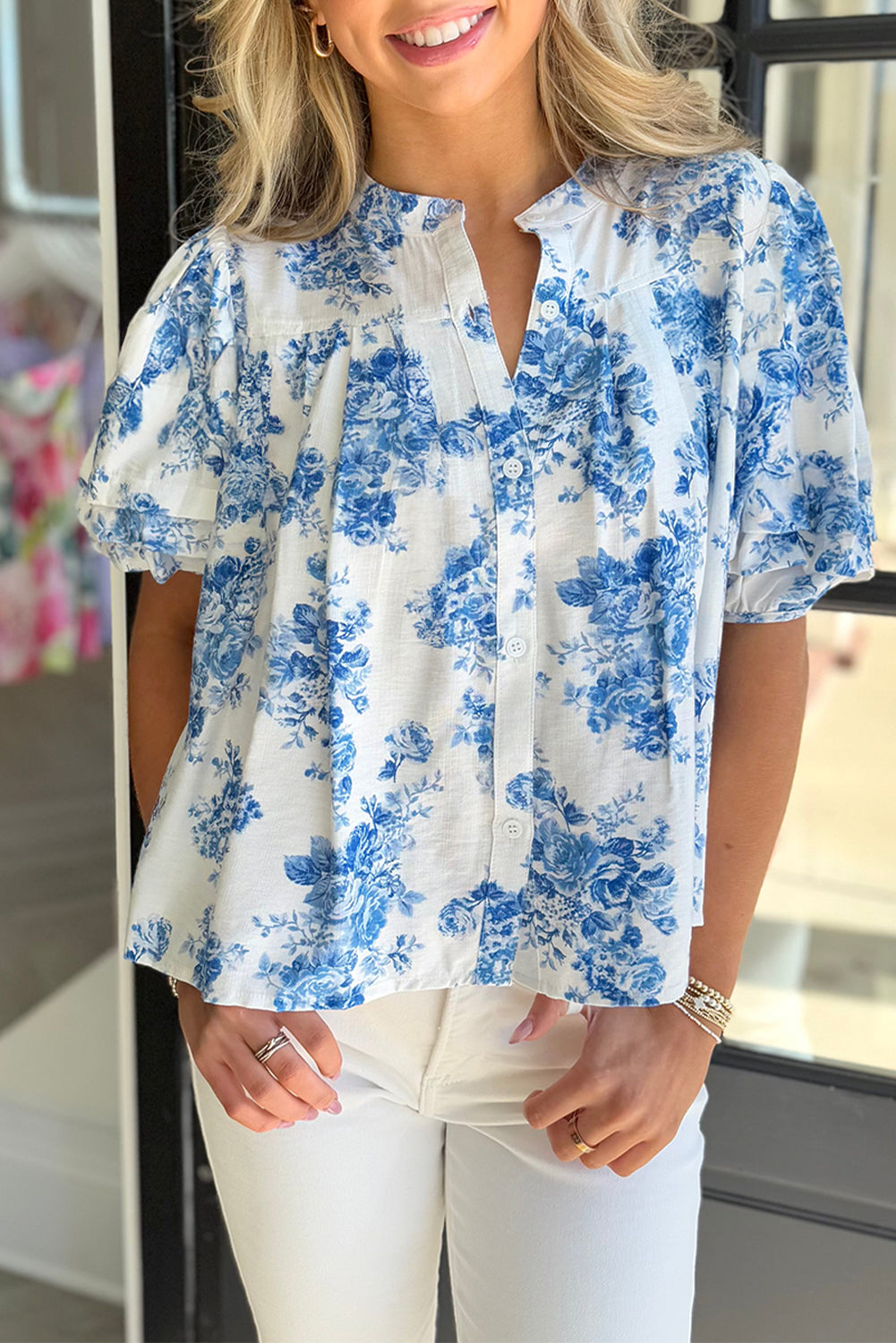 Floral Tiered Puff Short Sleeve Pleated Bust Buttoned Casual Shirt
