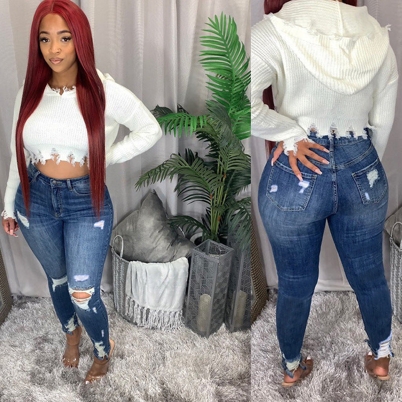 Women High Waist Ripped Jeans