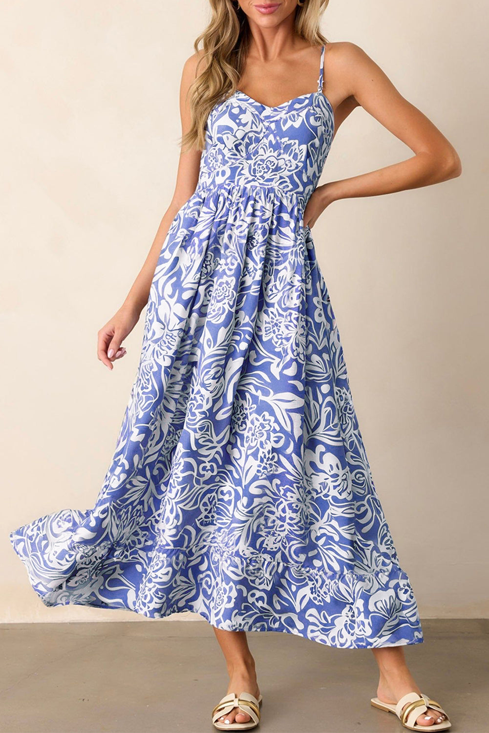 Floral Print Spaghetti Strap High Waist Maxi Dress